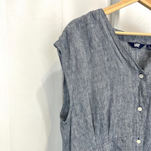 LANDS' END Linen Button Up Midi Dress Cap Sleeve Pleat Waist Blue Size 14 16 L - Picture 4 of 8